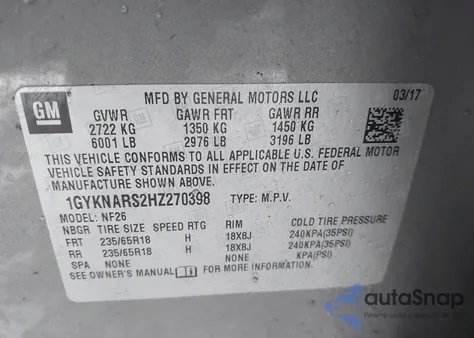 2017 Cadillac Xt5 Standard z USA, uszkodzony, nr VIN 1GYKNARS2HZ270398